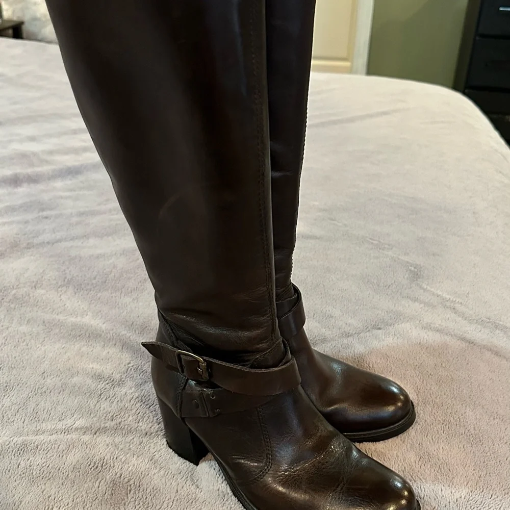 Aldo boots.  Size 7.  Dark brown leather tall 2 buckles - Picture 6 of 11